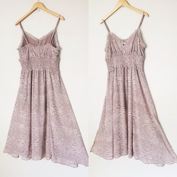 Cleobella Ruffle Trim Smocked Waist Midi Dress L Sleeveless Python Snake Slits - Picture 2 of 14